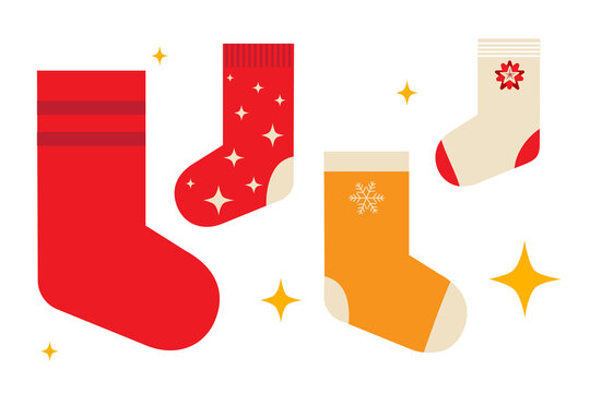 Set of four Christmas socks, stockings. Gift, present. Xmas, festive fashion concept illustration. Vertical layout, isolated background. Colorful minimal design