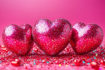 Fototapeta premium Three glossy red hearts rest on a soft pink surface, symbolizing love and affection for Valentine's Day celebrations.