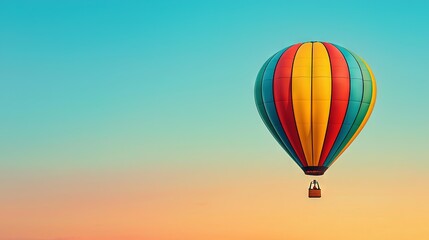 Fototapeta premium A colorful hot air balloon soaring through a vibrant sky of blue, yellow, red, green, and orange hues