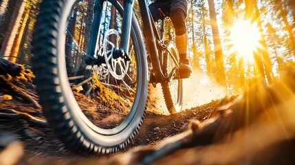 Naklejka premium Bikers riding down a steep incline, surrounded by redwoods, low-angle shot with focus on speed and natural beauty, sun rays breaking through branches