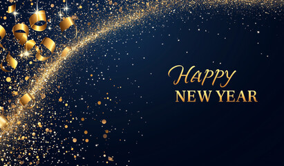 Dark blue background with golden holiday paraphernalia and wishes for a happy New Year 