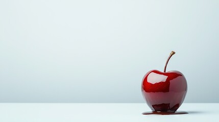 Obraz premium Red apple with a bite taken on a white table against a wall background