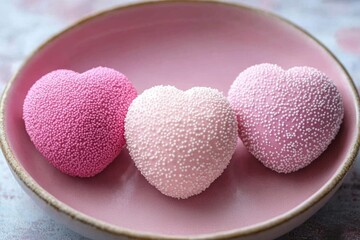 Obraz premium Three heart-shaped cakes in pink and white sit elegantly on a pink plate, perfect for celebrating love on Valentine's Day.