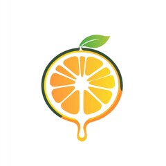 Orange slice with dripping juice and leaf.