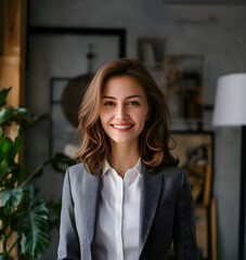 Fototapeta premium A confident young woman in a suit stands smiling in a stylish office setting.
