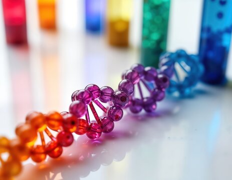 Colorful beads form DNA helix pattern in test tubes. Colorful bead model represents DNA structure. Science education concept. Educational material. Colorful helix displayed on white surface. Biology