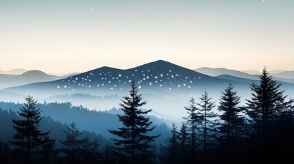 Obraz premium A stunning image of a mountain range under starlit skies, framed by trees in the foreground and towering peaks in the background
