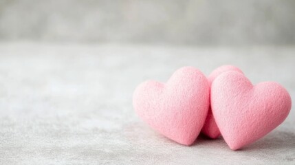 Fototapeta premium Two pink hearts rest gently on a pristine white surface, symbolizing love and affection for Valentine's Day.
