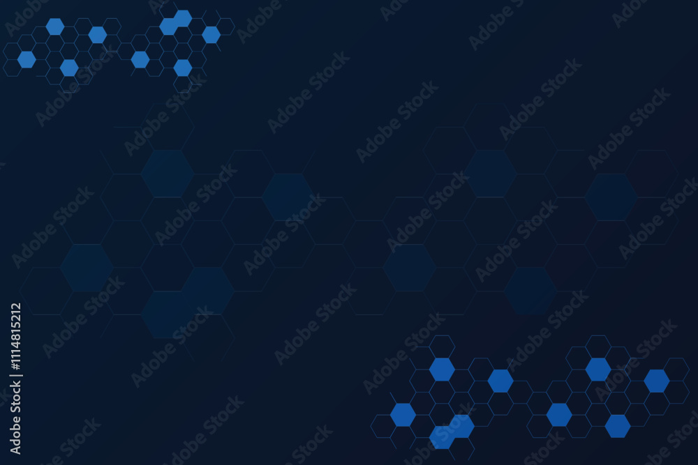 Poster dark blue technology background with connected hexagon. free space template with blank area for crea