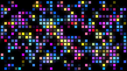 Quantum dots. Colorful twinkling square pixels. Bright vivid flickering dots. Blinking lights. Dots of various colors fading in and out against black background. 3d illustration render