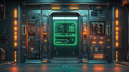 Obraz premium Futuristic Sci-Fi Control Room with Neon Lights and High-Tech Panels in a Spacecraft or Research Facility