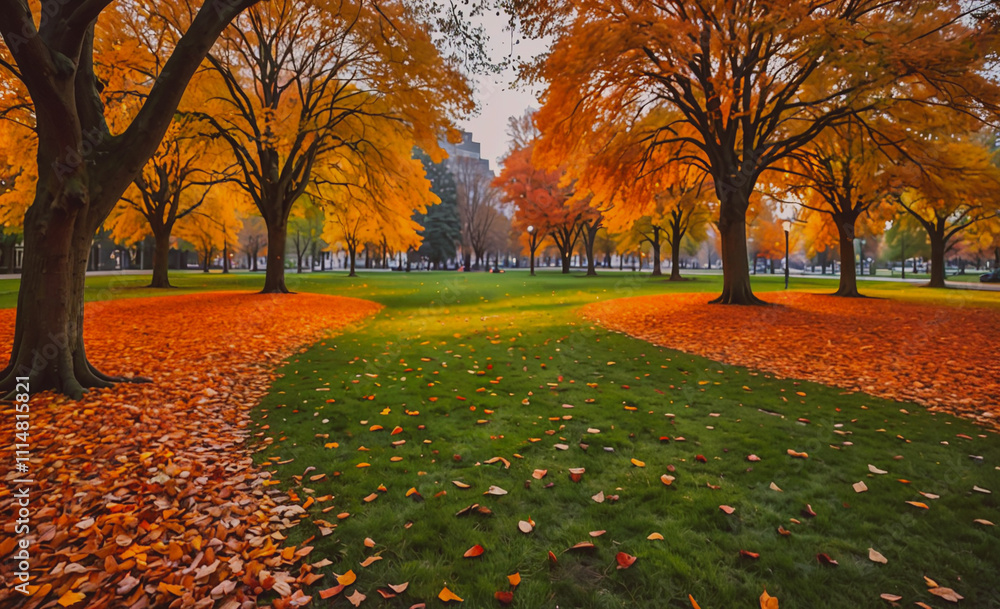 Poster park with trees and leaves on the ground. the leaves are orange and yellow. there are many trees in 