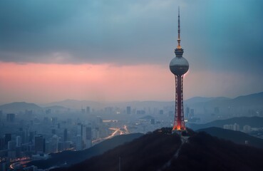 Obraz premium Iconic Namsan Tower at dawn in Seoul. Spring morning. Overcast sky. Modern city landscape. Shallow depth of field highlights tower. Soft lighting. Natural light. Architectural landmark. Stunning