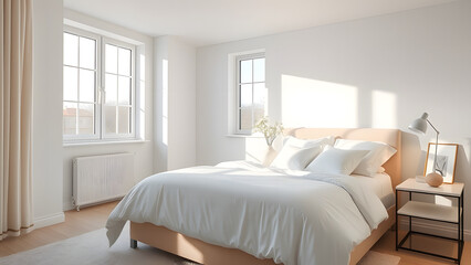 Fototapeta premium A bright and airy bedroom with a queen-sized bed, white linens, and large windows offering natural light 