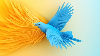 Obraz premium A vibrant blue bird soars against a backdrop of swirling yellow feathers, AI