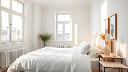 Fototapeta premium A bright and airy bedroom with a queen-sized bed, white linens, and large windows offering natural light 