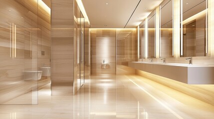 Obraz premium Modern washroom interior, long sink counter with elegant mirrors, soft LED lighting, individual cubicles for toilet and shower, stainless accents