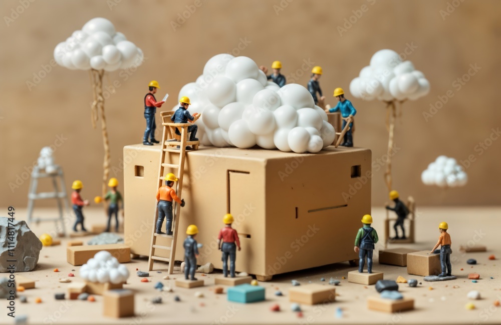Leinwandbilder miniature workers build structure with clouds cloud computing. work on cardboard box. seem to connec