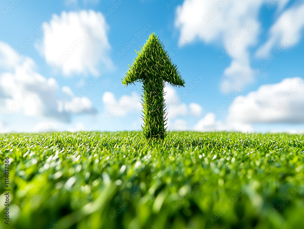 Poster green grass field with a large, symbolic arrow pointing upwards and forwards, representing sustainab