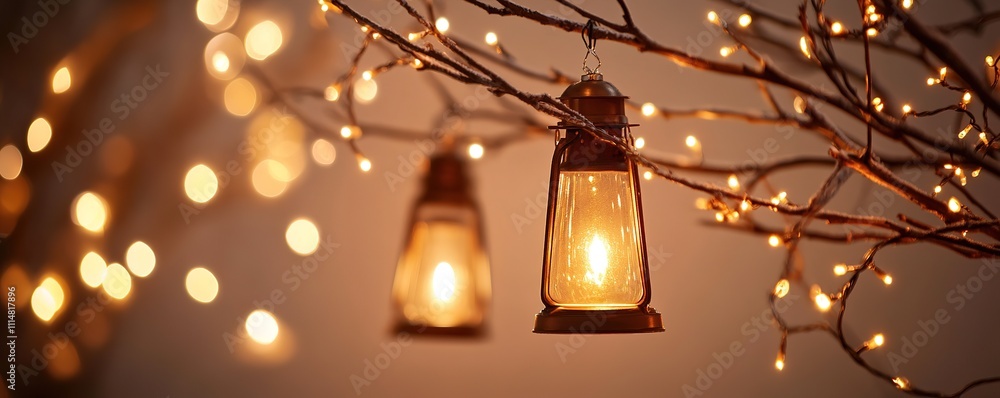 Poster warm lanterns hanging on tree branches with bokeh lights.