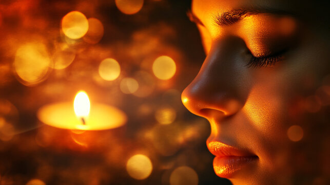 A calm individual engaged in meditation, with flickering candlelight reflecting in their eyes, symbolizing clarity and focus.