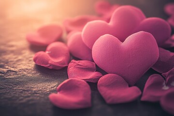Obraz premium A vibrant scene featuring numerous pink hearts on the ground, interspersed with delicate petals, creating a romantic ambiance for Valentine's Day.