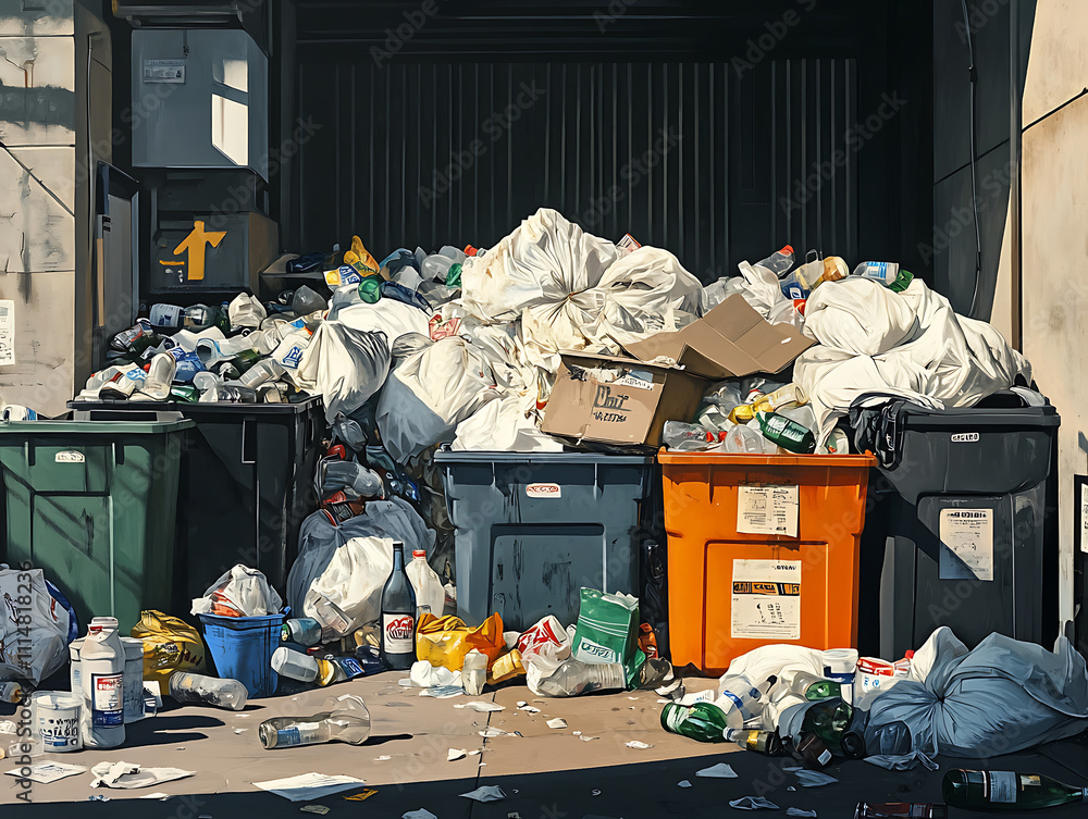 Poster huge garbage piles next to the dumpsters, stacks of litter bags, overflow trash cans and bottles on 