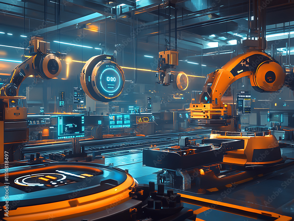 Poster industry 4, 0 smart factory interior showcases advanced automation, machinery, and robotics in a fut