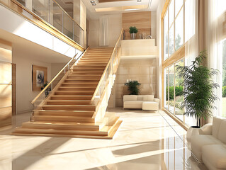 Interior design of modern entrance hall with staircase in villa