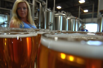 Naklejka premium Blonde woman in brewery with beer glasses in focus