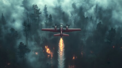 Naklejka premium Firefighter airplane flying over a forest fire