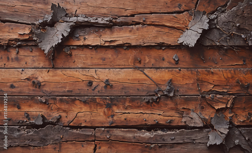 Poster wooden surface with a lot of holes and splinters. there are some leaves on the surface