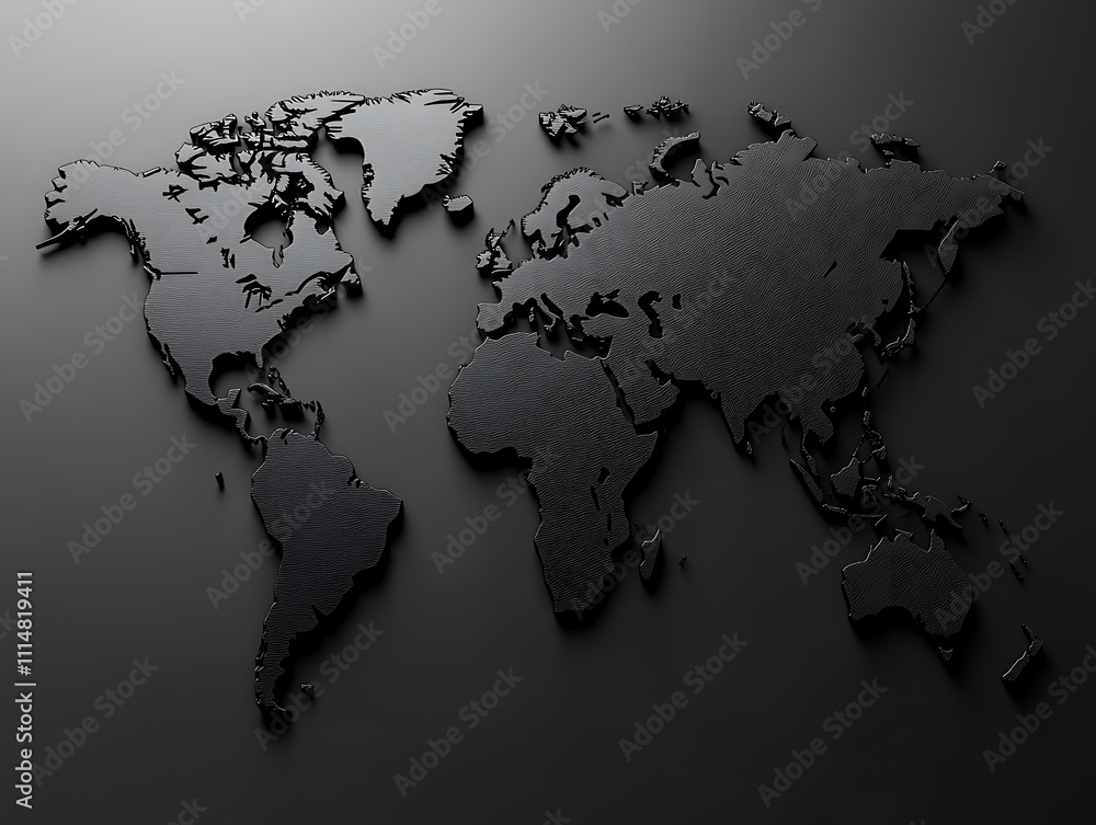 Poster monochrome 3d world map with reflective surfaces against a dark background, modern mapping technique