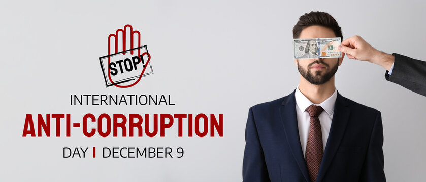 Man with bribe covering eyes of businessman against light background. Concept of corruption