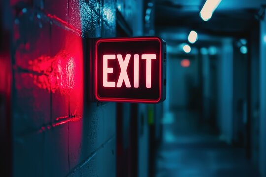 Red glowing exit sign on a wall in a dimly lit hallway