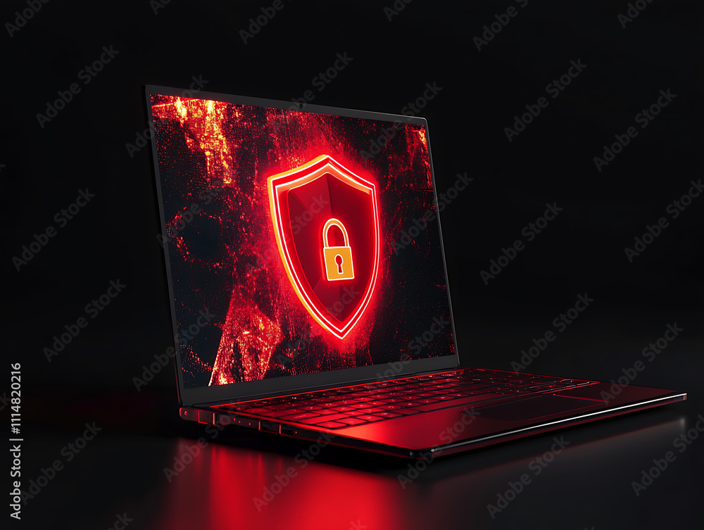 Poster open laptop displaying a bright red shield with padlock, symbolizing online security and data protec