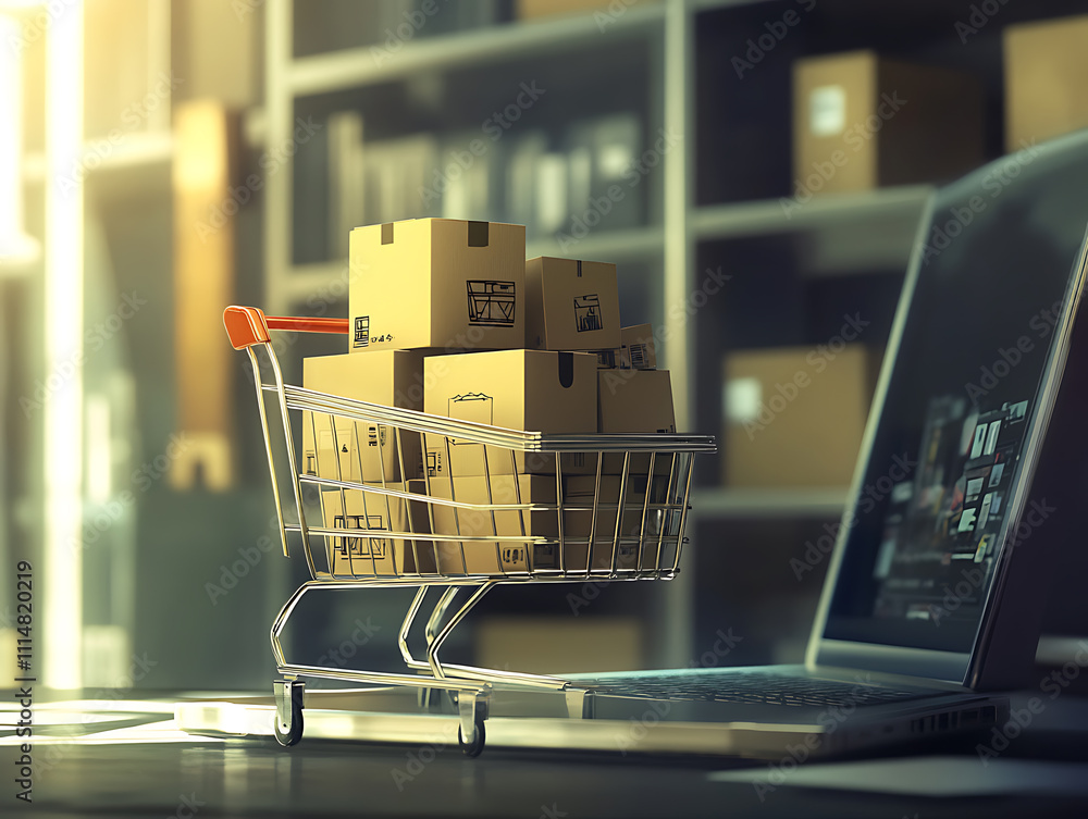 Aufkleber online shopping concept with cart full of boxes on top of laptop computer