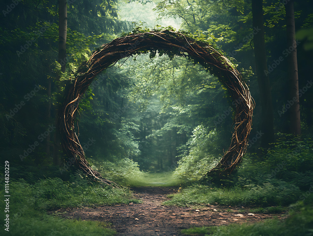 Poster Magical portal with arch made with tree branches in forest