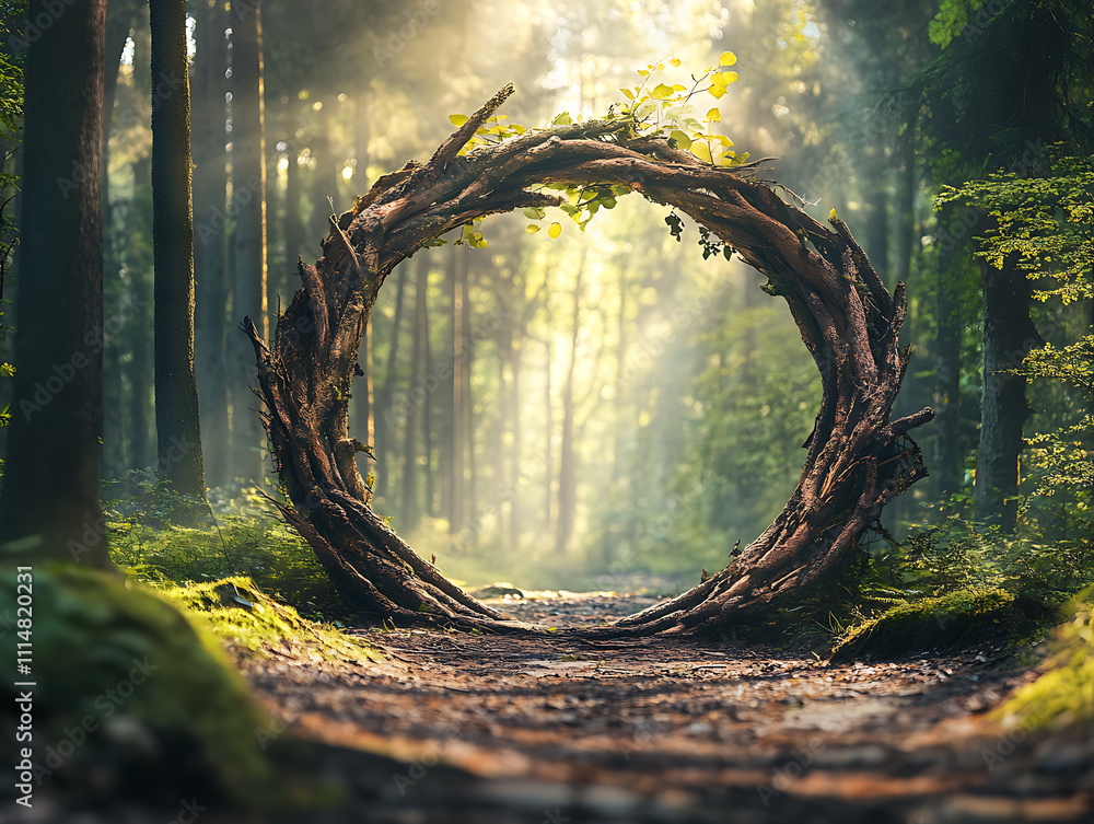 Poster magical portal with arch made with tree branches in forest