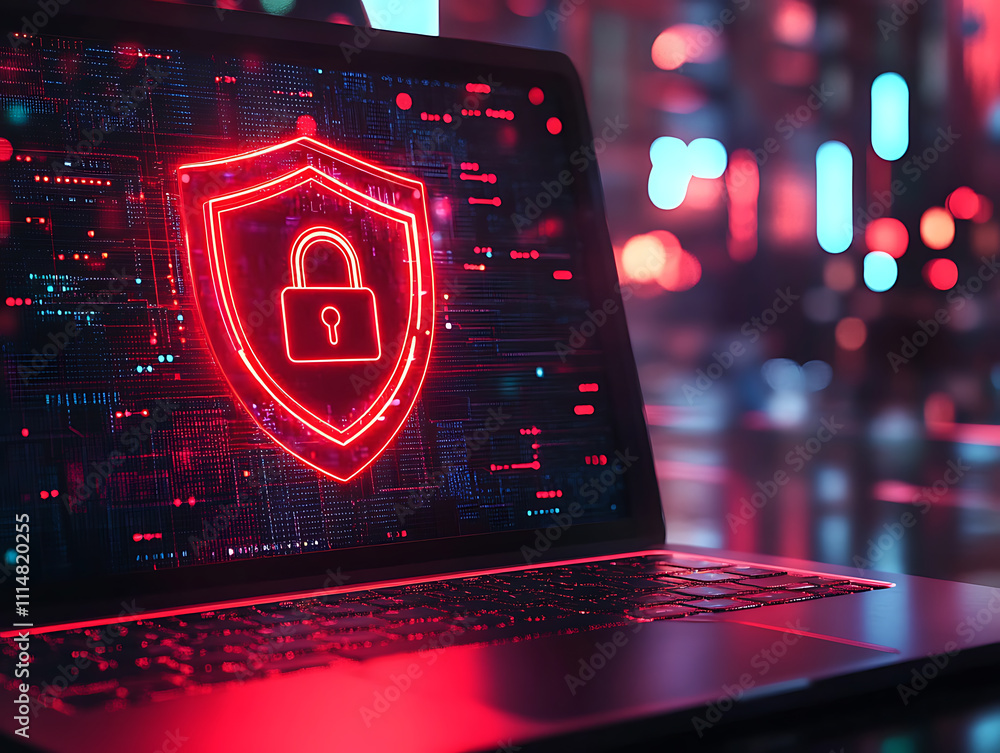 Poster Open laptop displaying a bright red shield with padlock, symbolizing online security and data protection