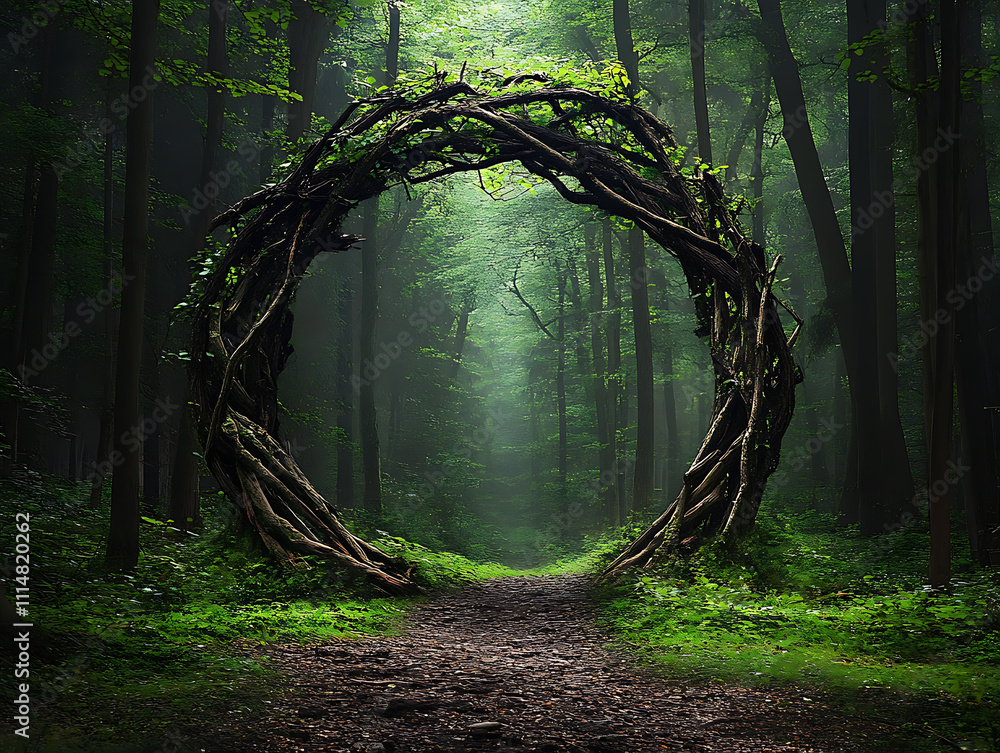 Poster Magical portal with arch made with tree branches in forest