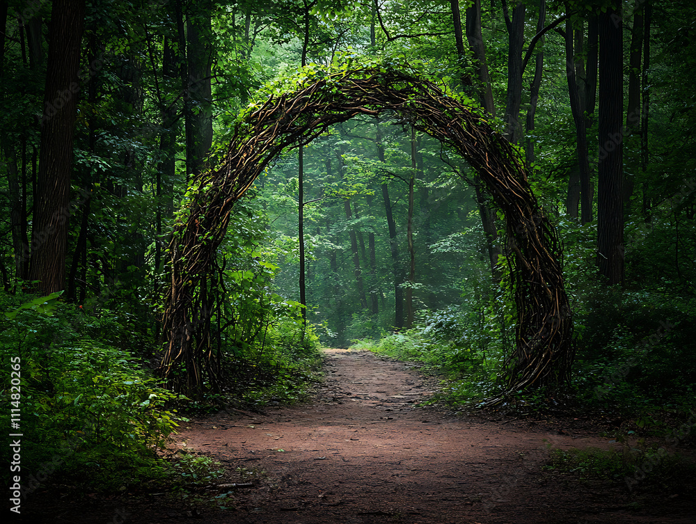 Poster Magical portal with arch made with tree branches in forest