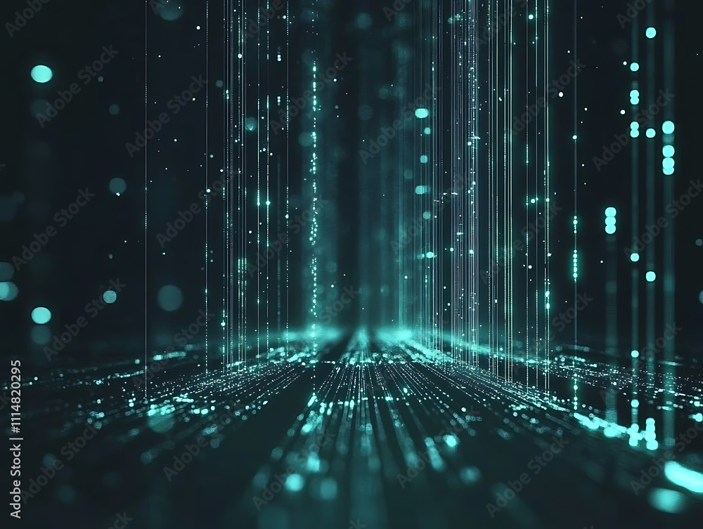 Poster optical data concept depicted by abstract glowing lines on a dark background, the high speed, vast c
