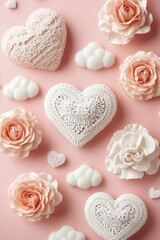 Fototapeta premium A vibrant display of various flowers and hearts set against a soft pink background, capturing the essence of love and romance for Valentine's Day.