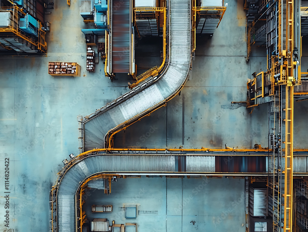 Poster overhead view of an empty warehouse factory conveyor belt production line