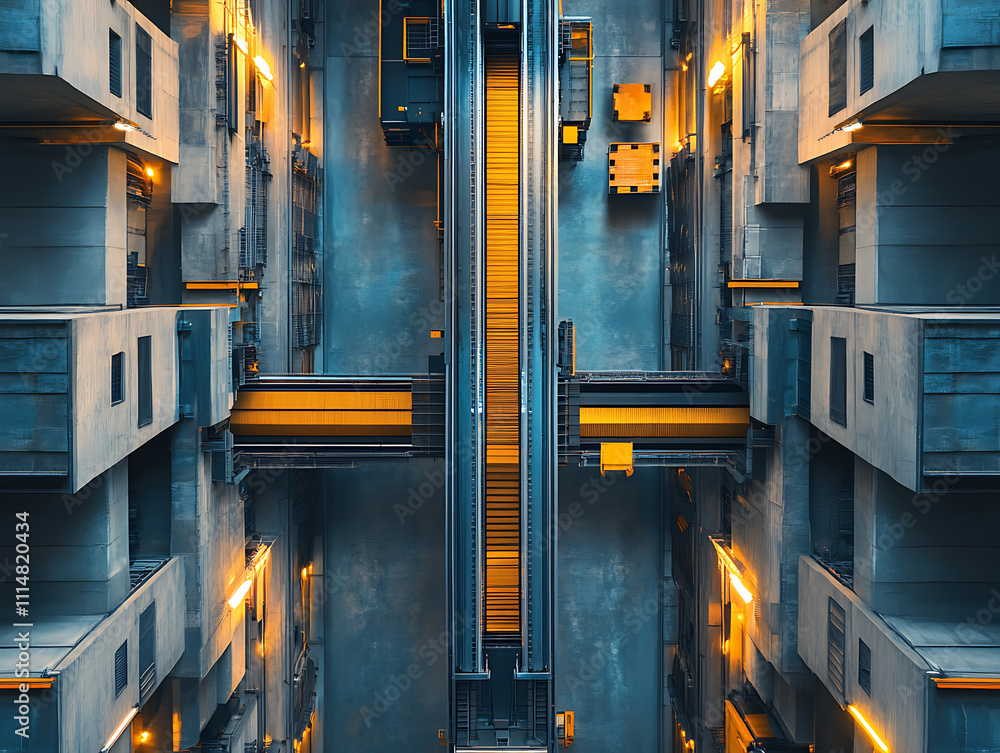 Poster overhead view of an empty warehouse factory conveyor belt production line