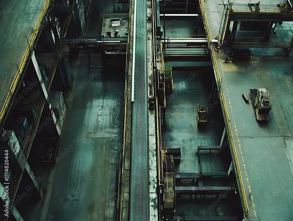 Poster Overhead view of an empty warehouse factory conveyor belt production line