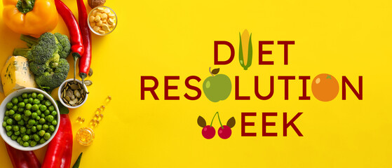 Set of healthy products with pills on color background