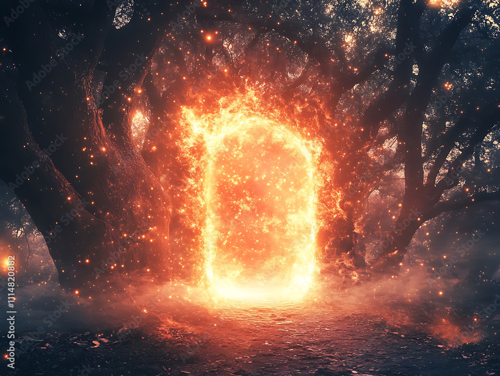 Poster portal in the universe with a fiery glow around, contours of dark trees