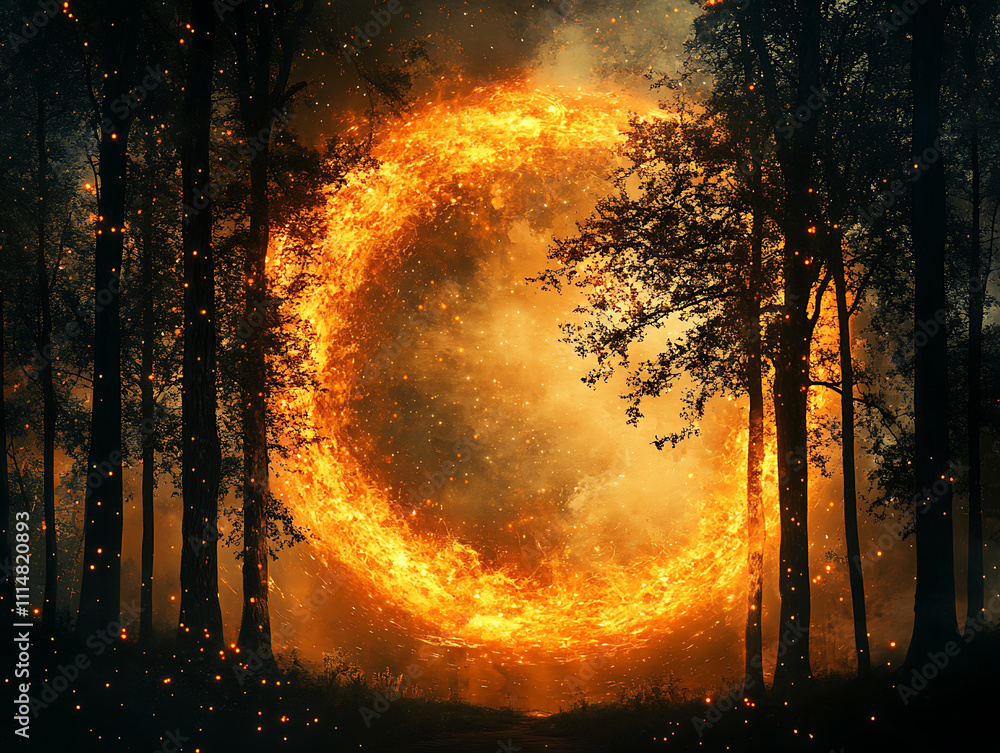 Poster portal in the universe with a fiery glow around, contours of dark trees